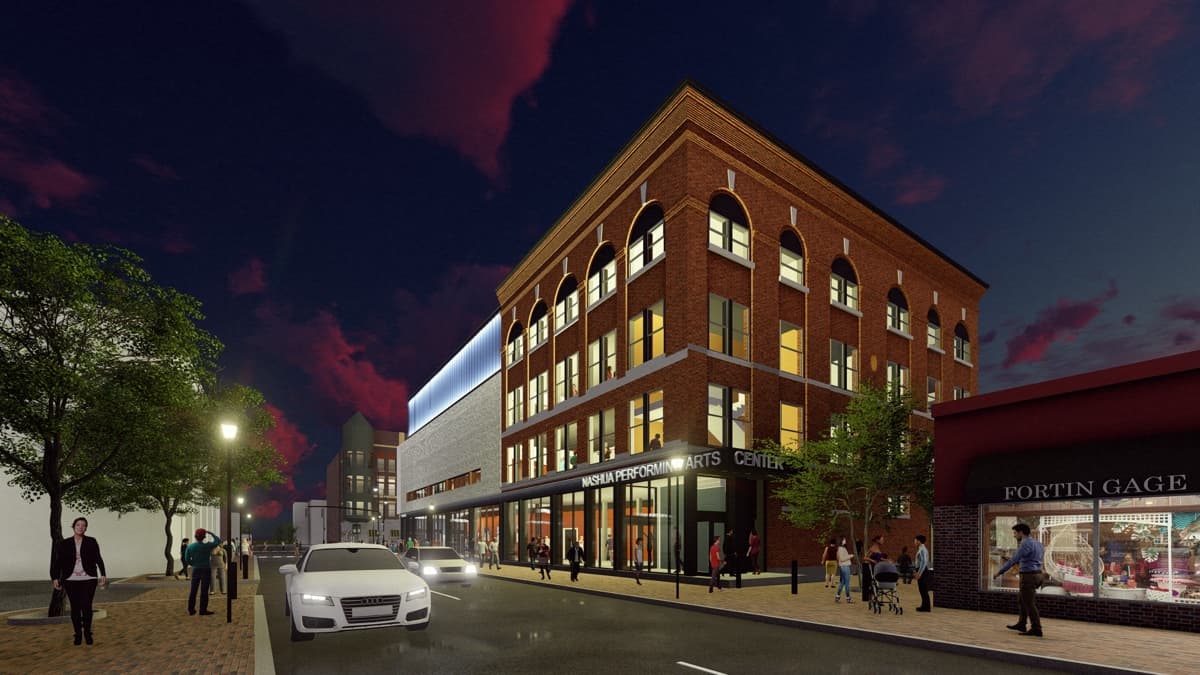 Exterior of Nashua Center for the Arts looking in from Water Street